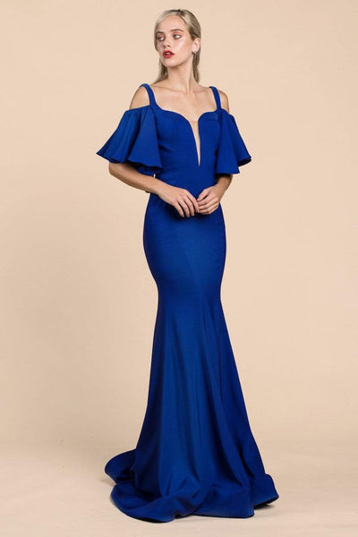 Cinderella Divine - A0079 Cold Off-Shoulder Flair Sleeves Mermaid Gown Evening Dresses 2 / Royal