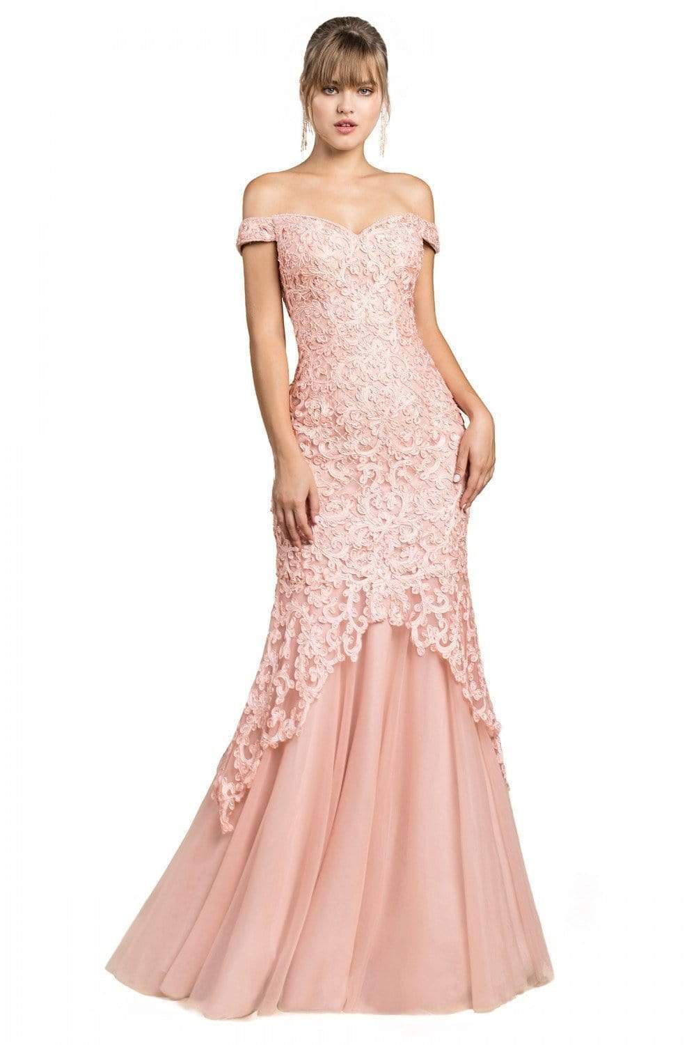 Cinderella Divine - A0401 Off Shoulder Lace Overlay Tulle Mermaid Gown Evening Dresses 2 / Blush