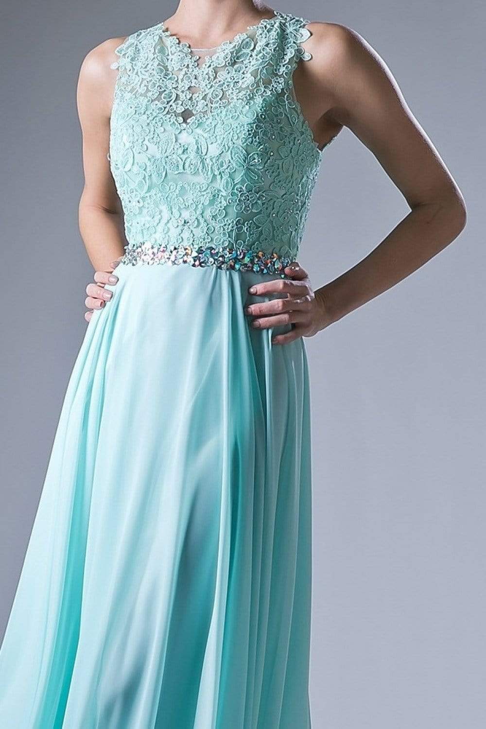 Cinderella Divine - B1601 Embellished Belt Lace A-Line Chiffon Dress Bridesmaid Dresses XS / Mint