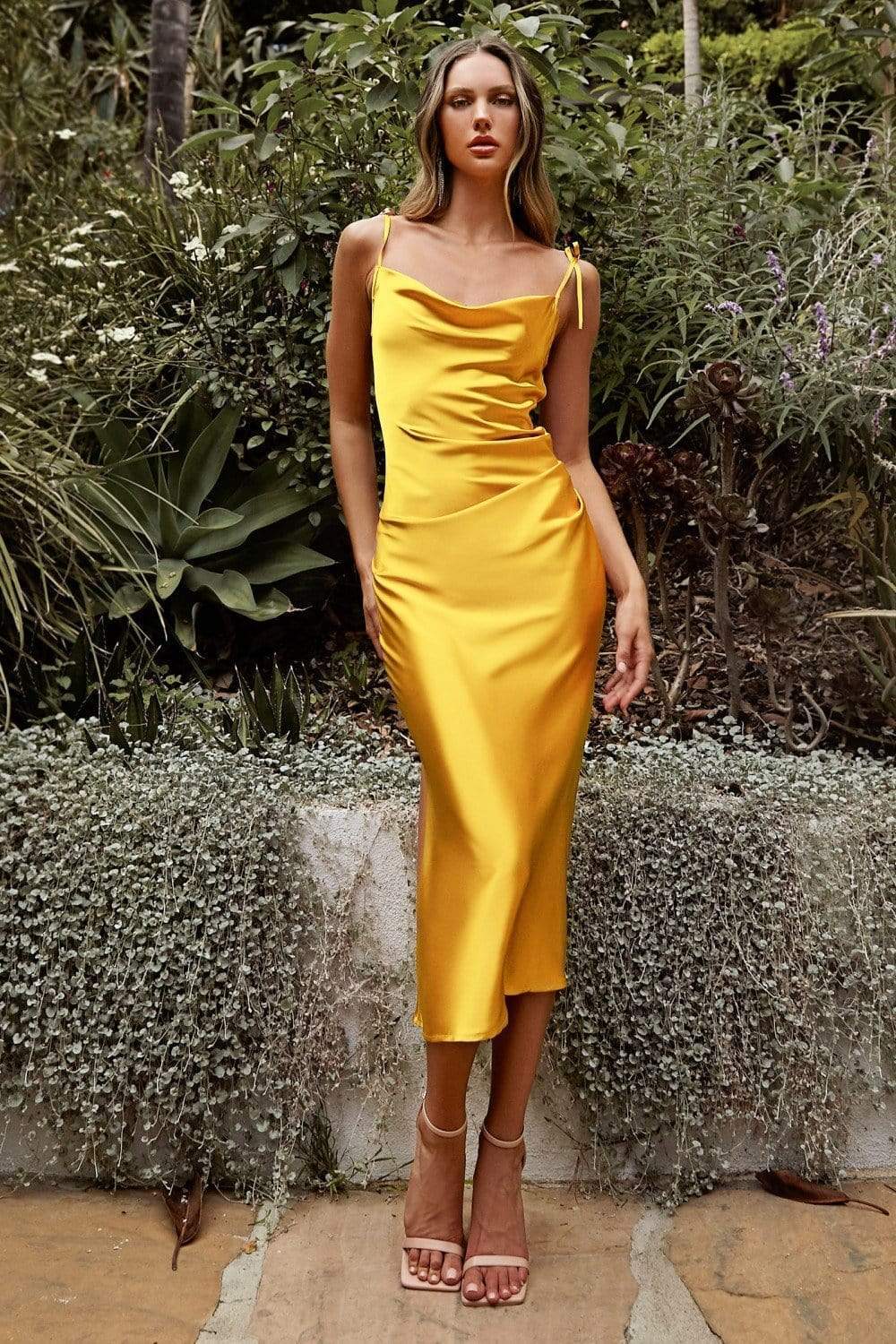 Cinderella Divine - BD103 Cowl Neck Satin Sheath Tea-Length Dress Cocktail Dresses XXS / Yellow
