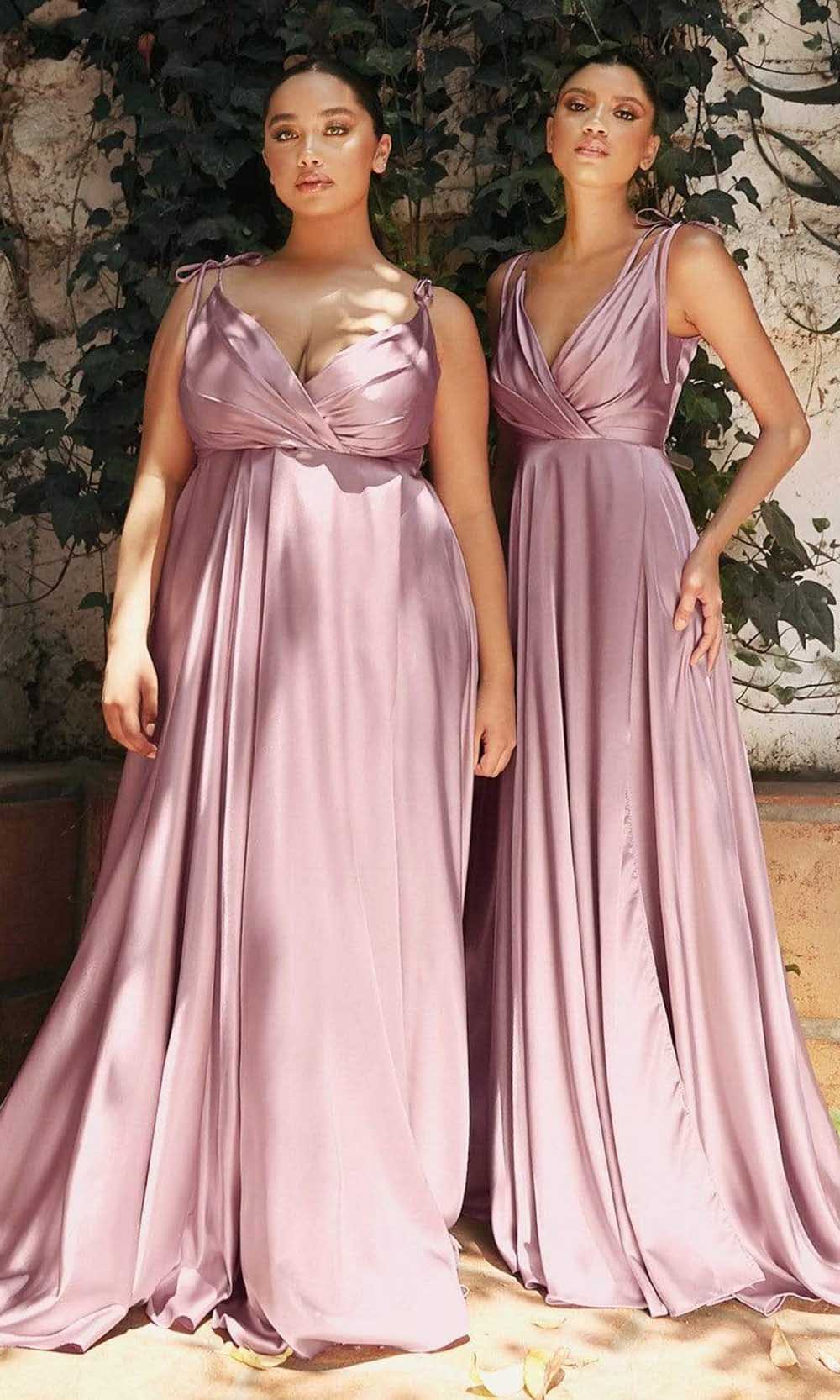 Cinderella Divine - BD105 Tie Strap V-Neck Satin Gown Prom Dresses
