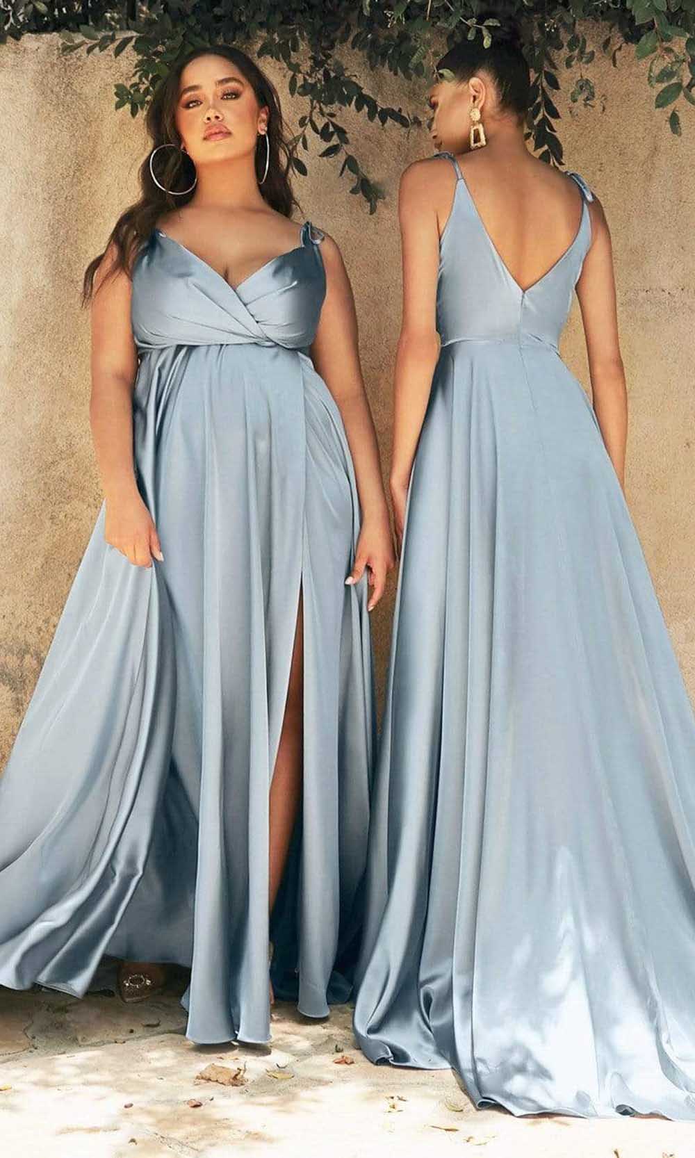 Cinderella Divine - BD105 Tie Strap V-Neck Satin Gown Prom Dresses XXS / Dusty Blue