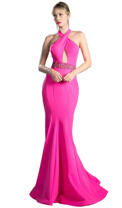 Ladivine - Beaded Halter Neck Scuba Mermaid Dress Special Occasion Dress 2 / Hot Pink