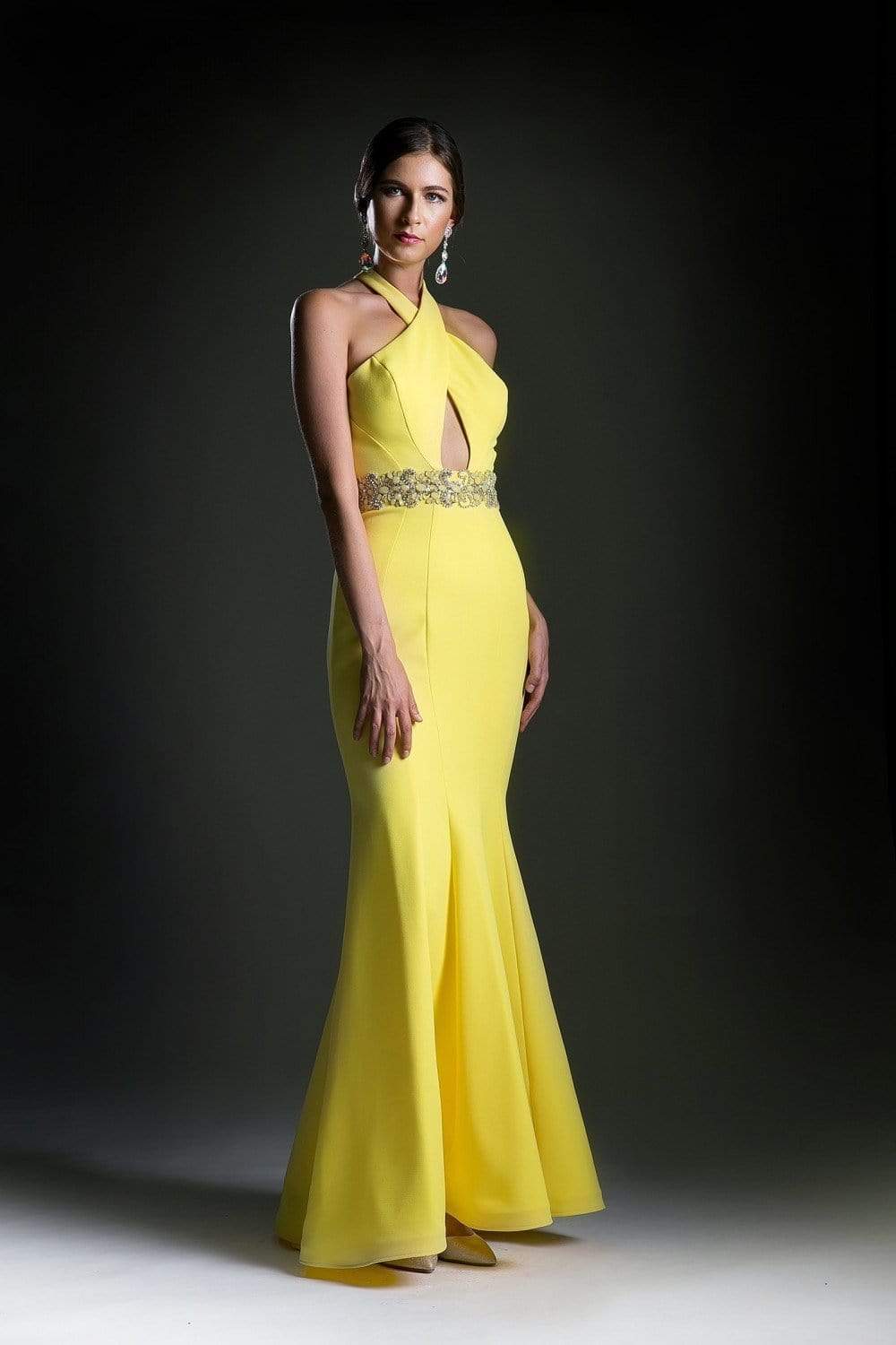 Ladivine - Beaded Halter Neck Scuba Mermaid Dress Special Occasion Dress 2 / Yellow