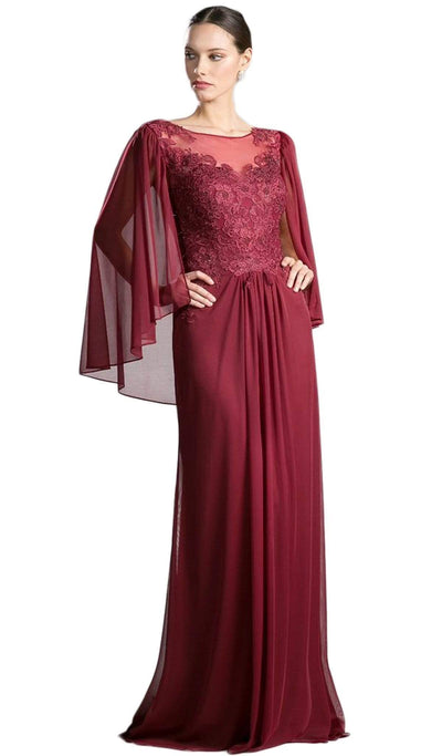 Cinderella Divine - Beaded Lace Sheath Dress With Sheer Cape Special Occasion Dress 2 / Burgundy