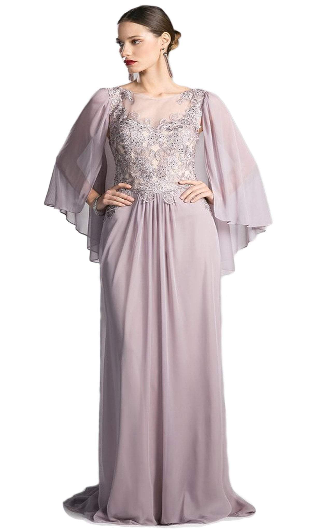 Cinderella Divine - Beaded Lace Sheath Dress With Sheer Cape Special Occasion Dress 2 / Mocha