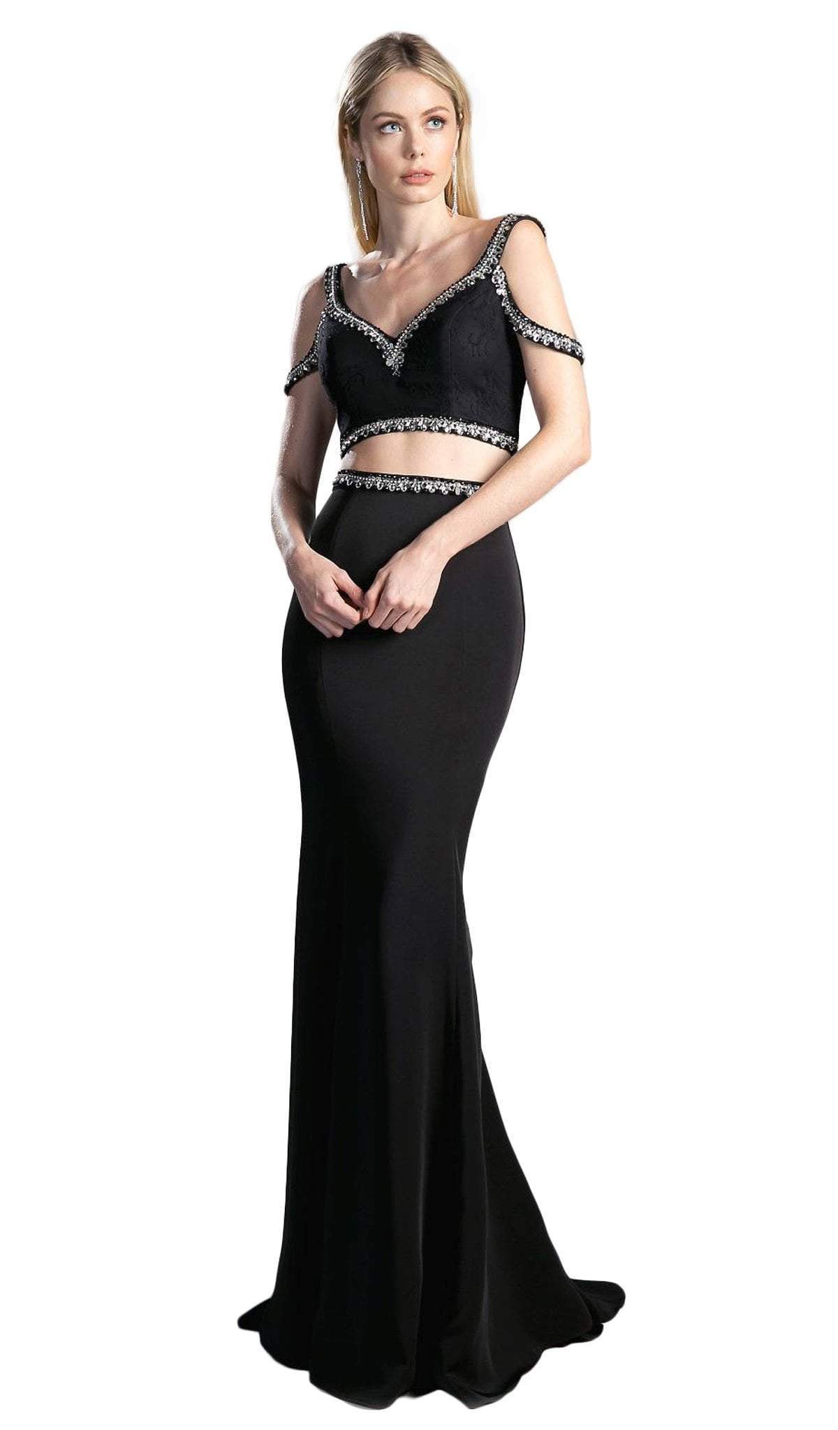 Cinderella Divine - Bejeweled Two Piece V-neck Fitted Dress Special Occasion Dress 2 / Black