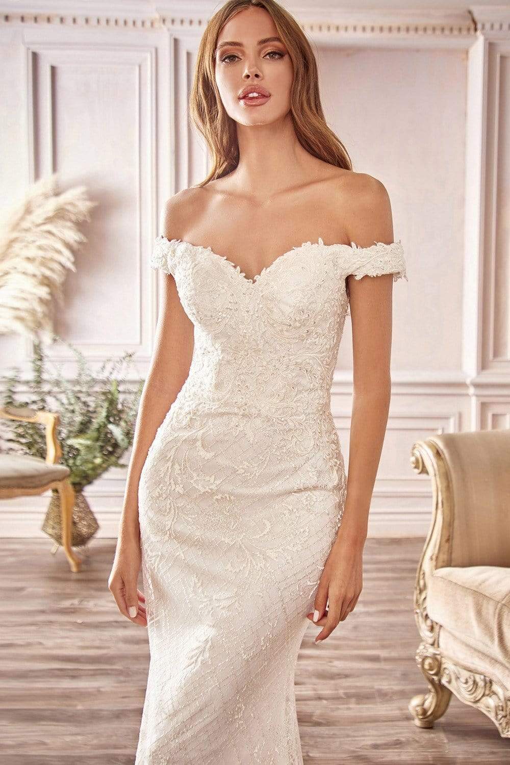 Cinderella Divine Bridal - CD929 Beaded Lace Off Shoulder Bridal Dress Wedding Dresses