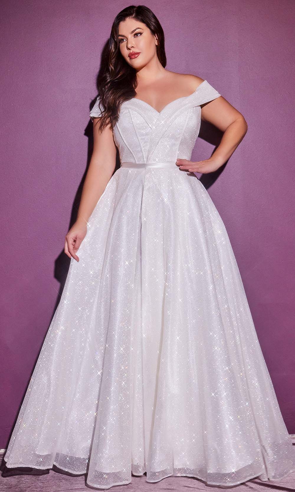Cinderella Divine Bridals - CD214W Off Shoulder Glitter A-Line Gown Wedding Dresses 2 / Off White