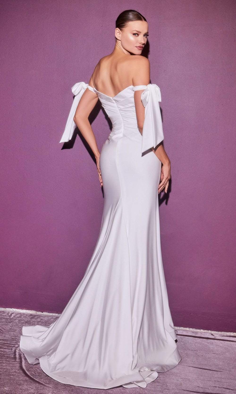 Cinderella Divine Bridals - CD944W Off Shoulder Trumpet Gown With Slit Wedding Dresses