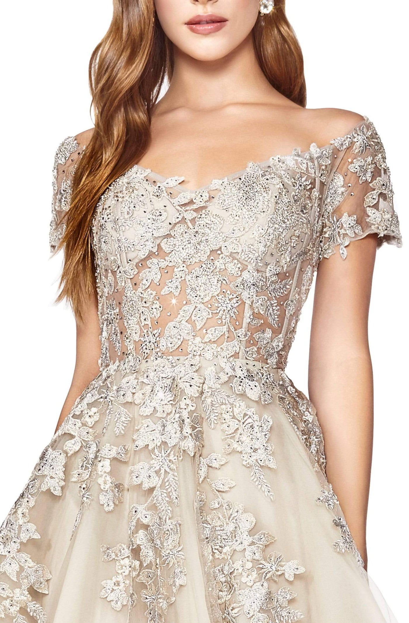 Cinderella Divine - C20 Jeweled Applique Illusion A-Line Gown Prom Dresses