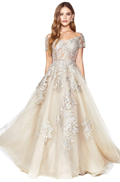 Cinderella Divine - C20 Jeweled Applique Illusion A-Line Gown Prom Dresses 2 / Champagne