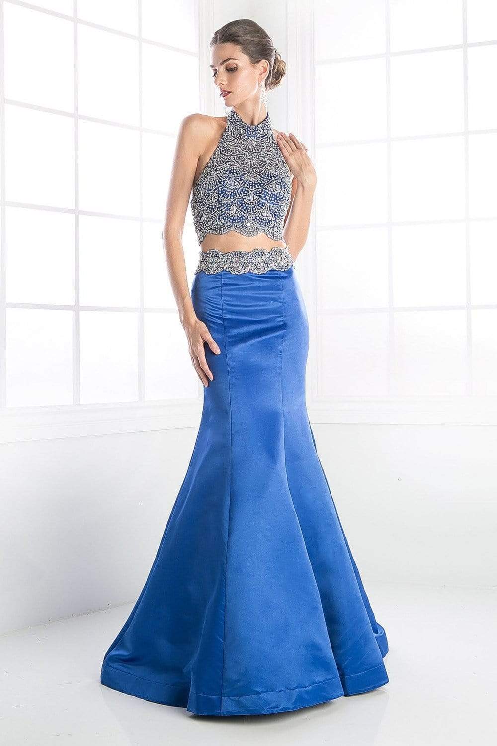 Cinderella Divine - C241 Two Piece Beaded Satin Mermaid Dress Prom Dresses