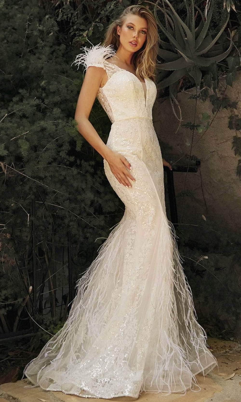 Cinderella Divine C57W - Cap Sleeve Embellished Bridal Gown Special Occasion Dress 2 / Off White