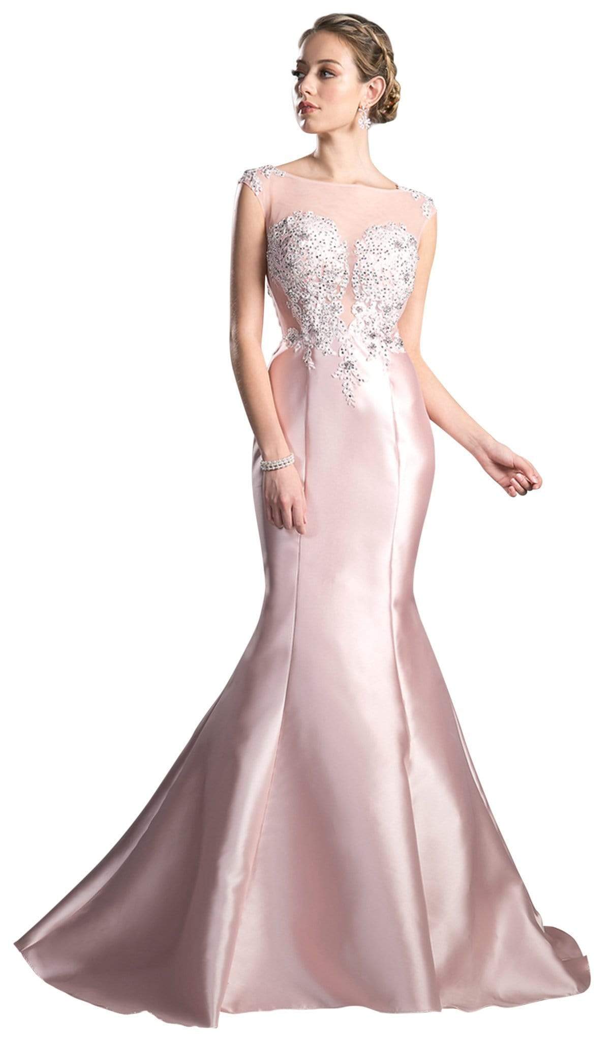 Cinderella Divine - Cap Sleeve Appliqued Plunging Illusion Gown Special Occasion Dress 2 / Dusty Rose