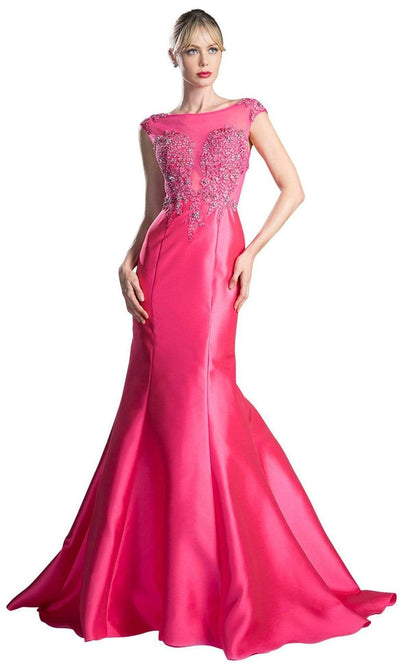 Cinderella Divine - Cap Sleeve Appliqued Plunging Illusion Gown Special Occasion Dress 2 / Fuchsia