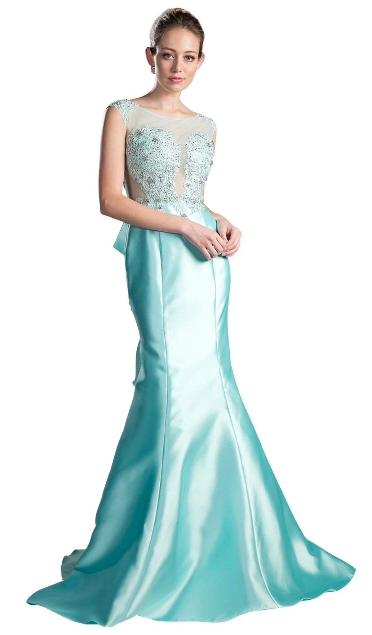 Cinderella Divine - Cap Sleeve Appliqued Plunging Illusion Gown Special Occasion Dress 2 / Mint