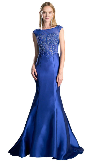 Cinderella Divine - Cap Sleeve Appliqued Plunging Illusion Gown Special Occasion Dress 2 / Royal