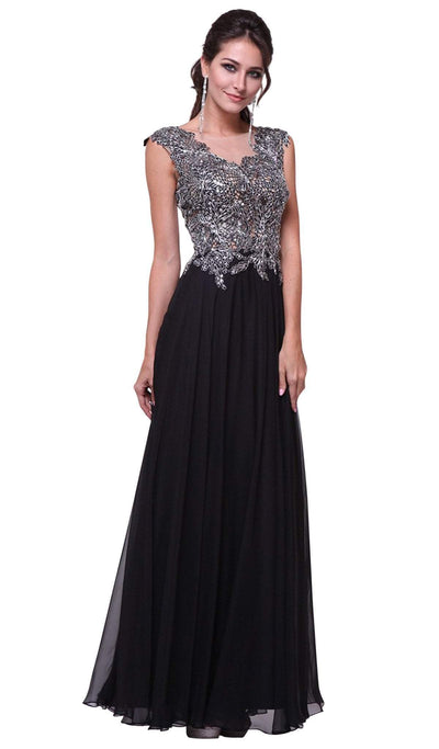 Cinderella Divine - Cap Sleeve Embellished Illusion Lace Gown Special Occasion Dress 2 / Black