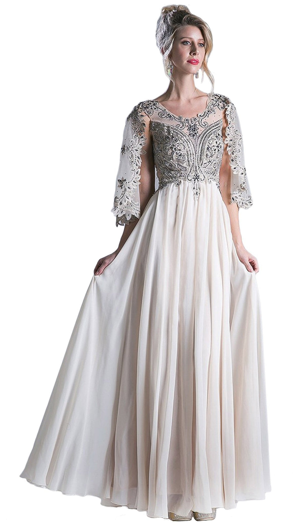Cinderella Divine - Cape Sleeves Beaded A-line Evening Dress Special Occasion Dress XS / Champagne