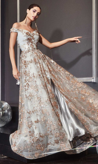 Cinderella Divine - CB069 Embellished Print Off Shoulder Gown Prom Dresses