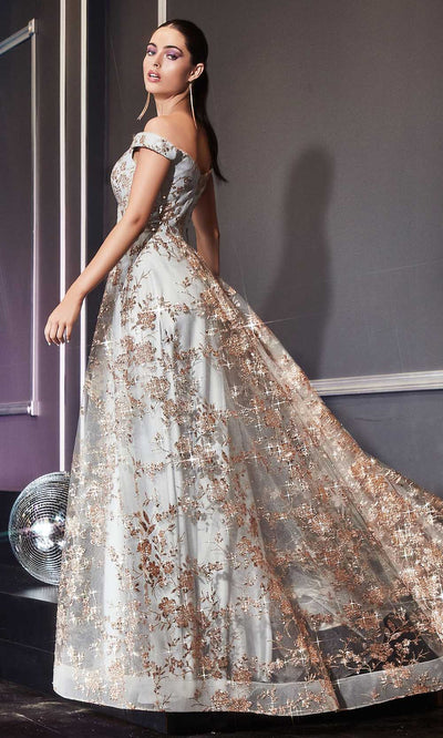 Cinderella Divine - CB069 Embellished Print Off Shoulder Gown Prom Dresses