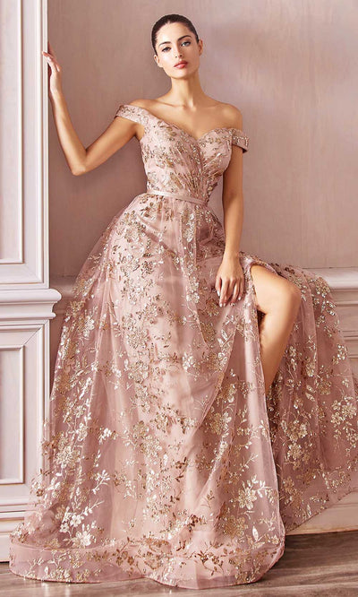 Cinderella Divine - CB069 Embellished Print Off Shoulder Gown Prom Dresses 2 / Gold-Mist