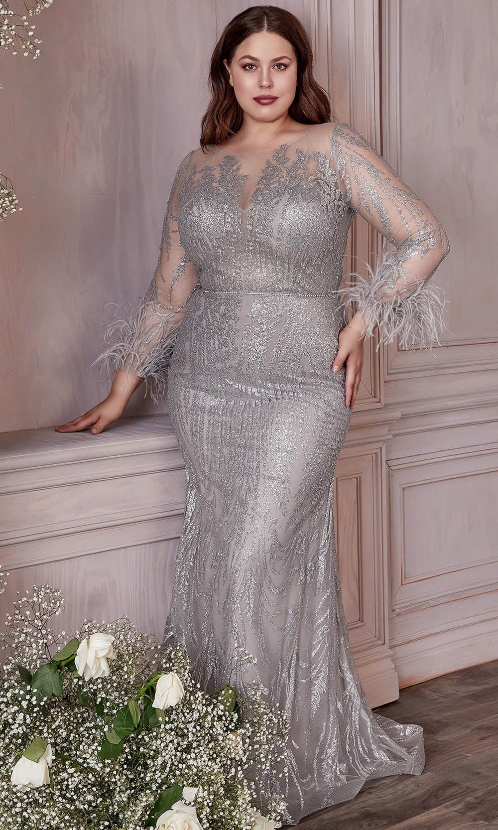 Cinderella Divine CB090C - Sheer Bateau Evening Gown Special Occasion Dress 18 / Silver