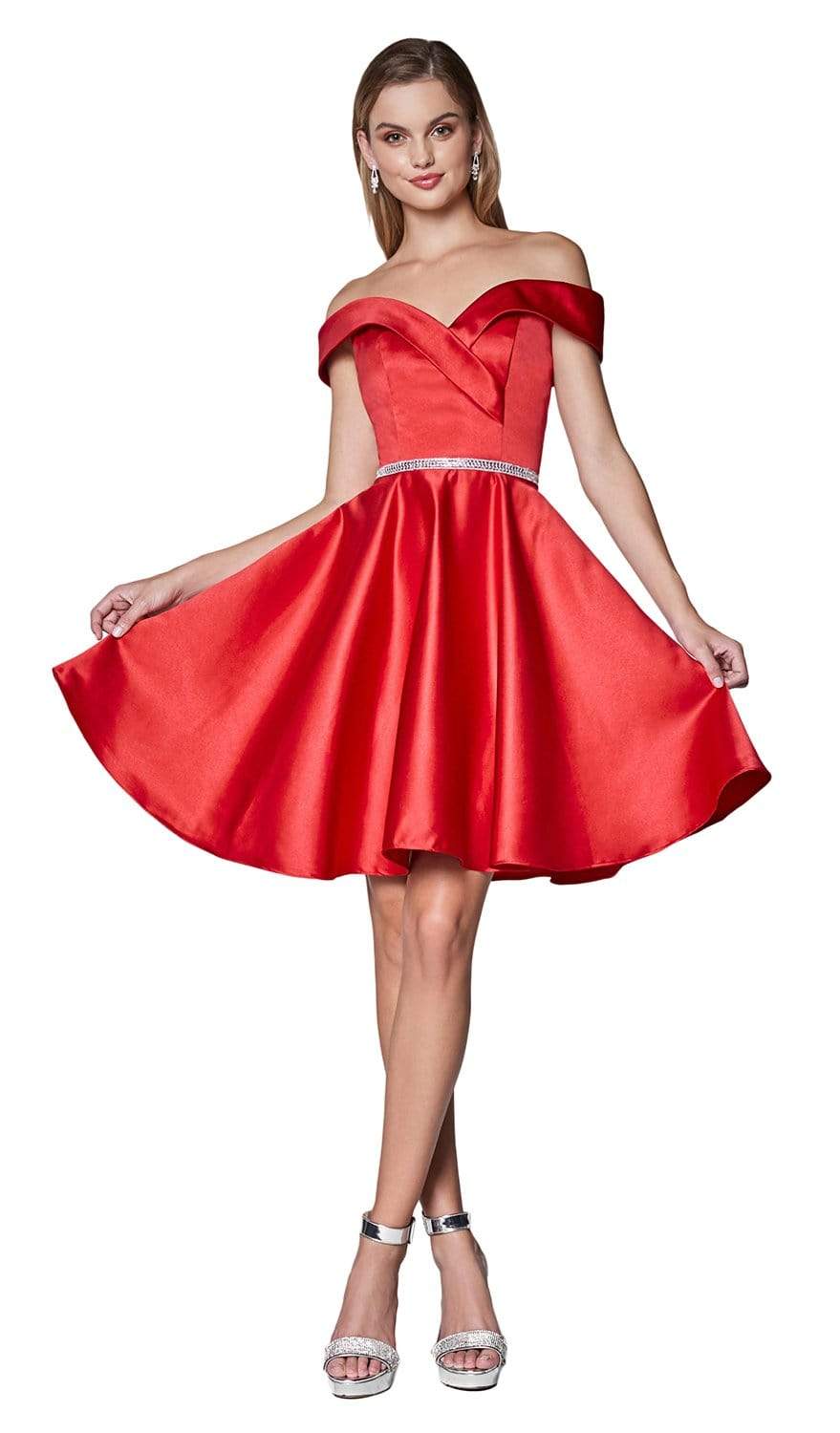 Cinderella Divine - CD0140 Off Shoulder Satin A-Line Dress Homecoming Dresses XXS / Red