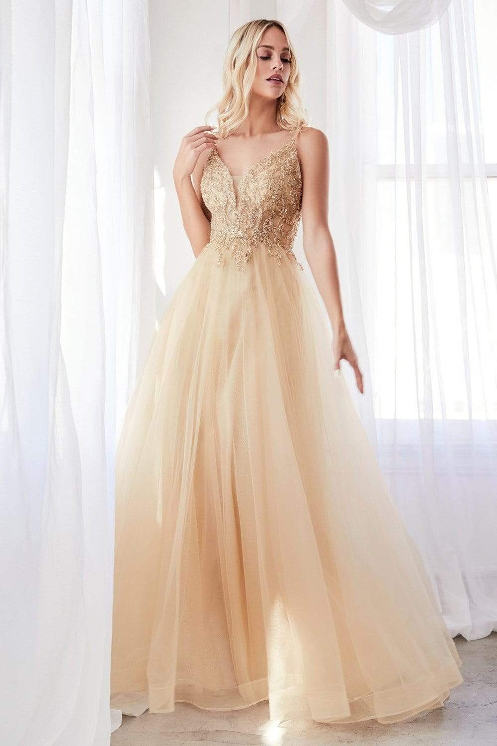 Cinderella Divine - CD0154 Plunging Beaded Appliqued Tulle Dress Prom Dresses