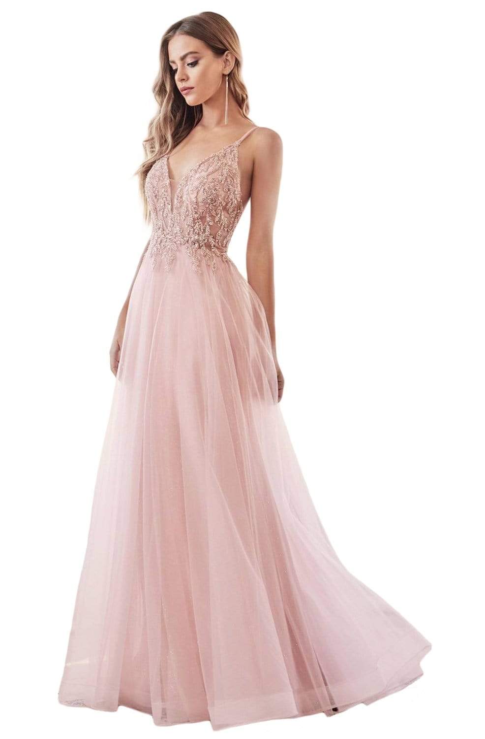 Cinderella Divine - CD0154 Plunging Beaded Appliqued Tulle Dress Prom Dresses