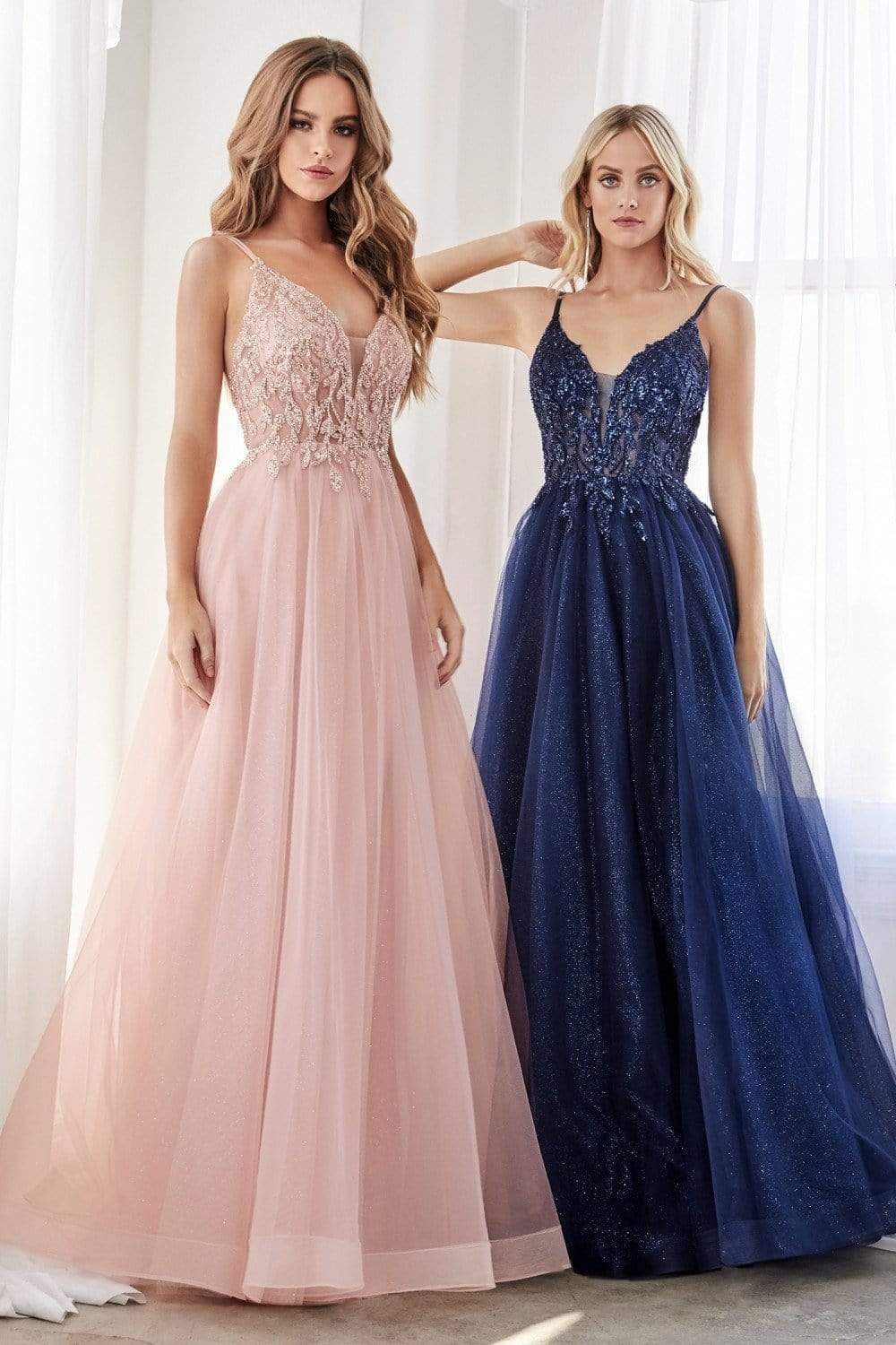 Cinderella Divine - CD0154 Plunging Beaded Appliqued Tulle Dress Prom Dresses XXS / Navy