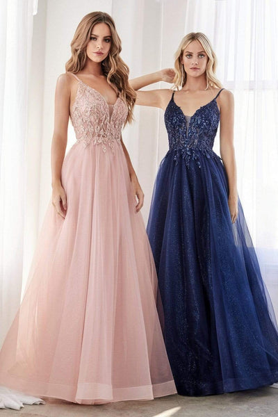 Cinderella Divine - CD0154 Plunging Beaded Appliqued Tulle Dress Prom Dresses XXS / Navy