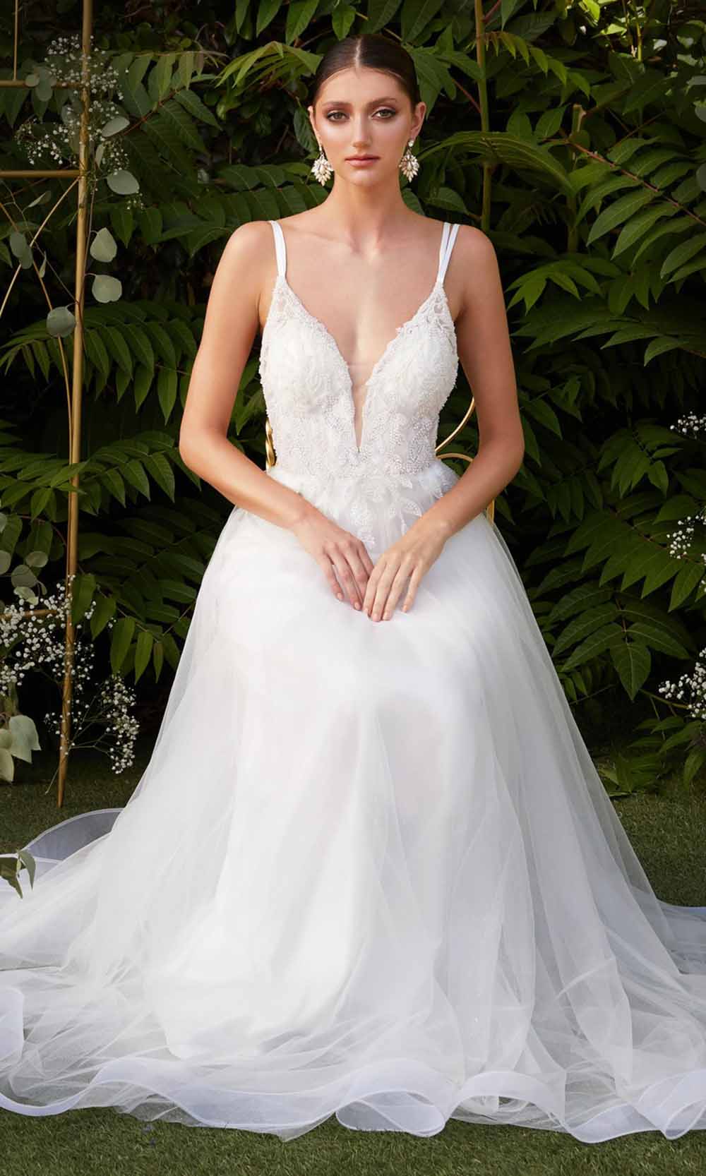 Cinderella Divine - CD0154W Appliqued Deep V-Neck Layered Tulle Dress Wedding Dresses