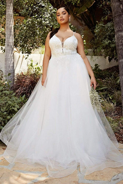 Cinderella Divine - CD0154W Appliqued Deep V-Neck Layered Tulle Dress Wedding Dresses 2X / Off White