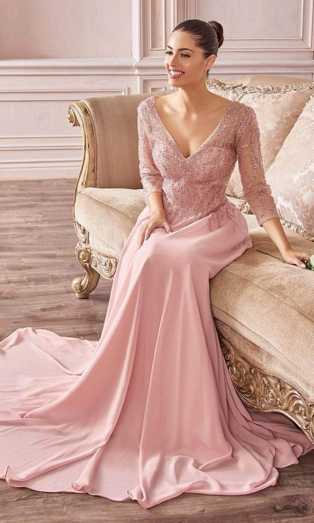 Cinderella Divine - CD0171 Sheer Quarter Beaded Chiffon A-Line Gown Evening Dresses XXS / Dusty Rose