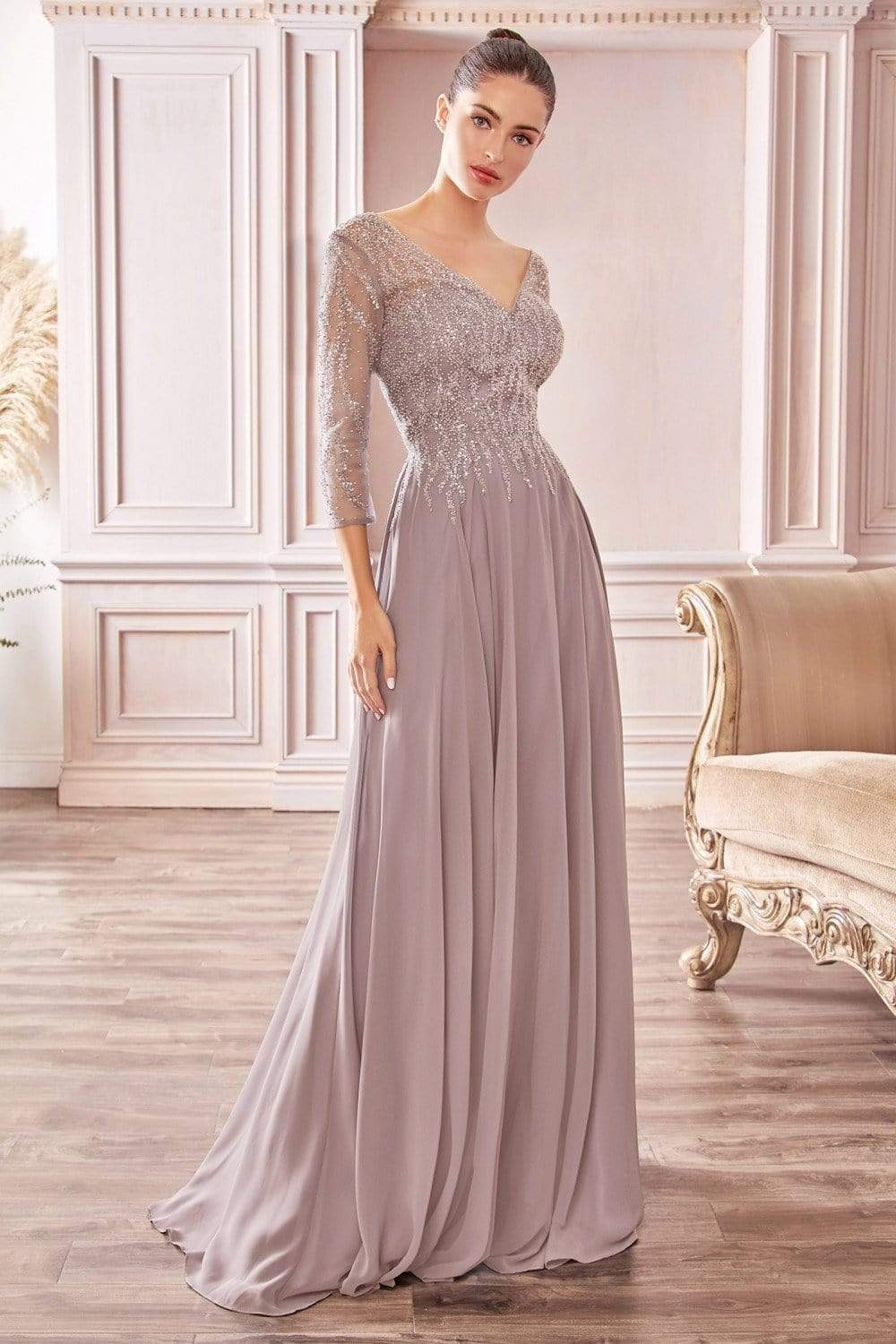 Cinderella Divine - CD0171 Sheer Quarter Beaded Chiffon A-Line Gown Evening Dresses XXS / Mocha