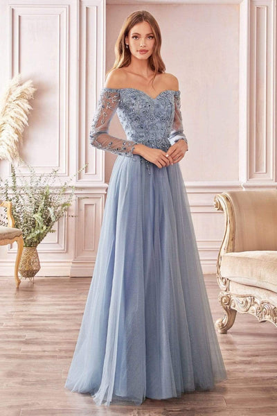 Cinderella Divine - CD0172 Off-Shoulder Beaded Glitter Tulle Gown Prom Dresses