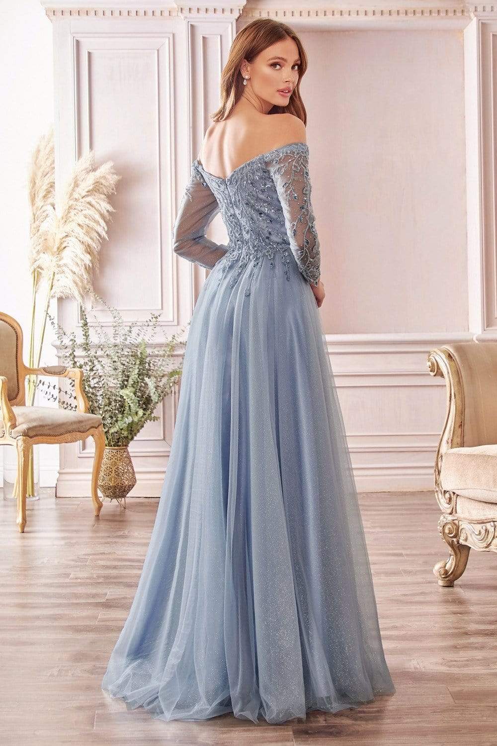 Cinderella Divine - CD0172 Off-Shoulder Beaded Glitter Tulle Gown Prom Dresses