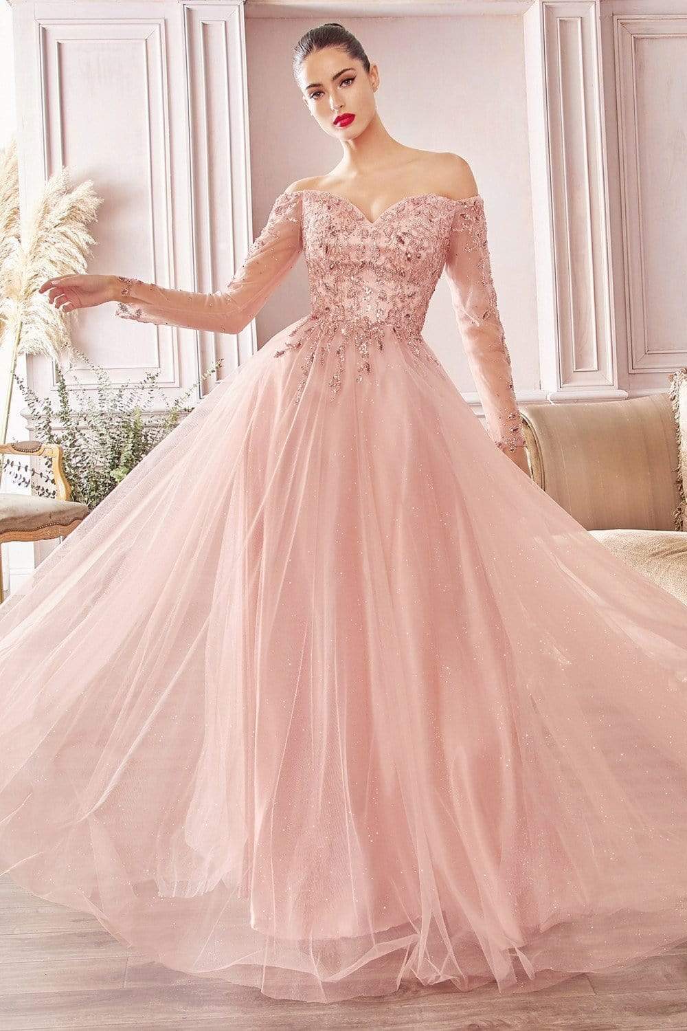 Cinderella Divine - CD0172 Off-Shoulder Beaded Glitter Tulle Gown Prom Dresses XXS / Rose Gold