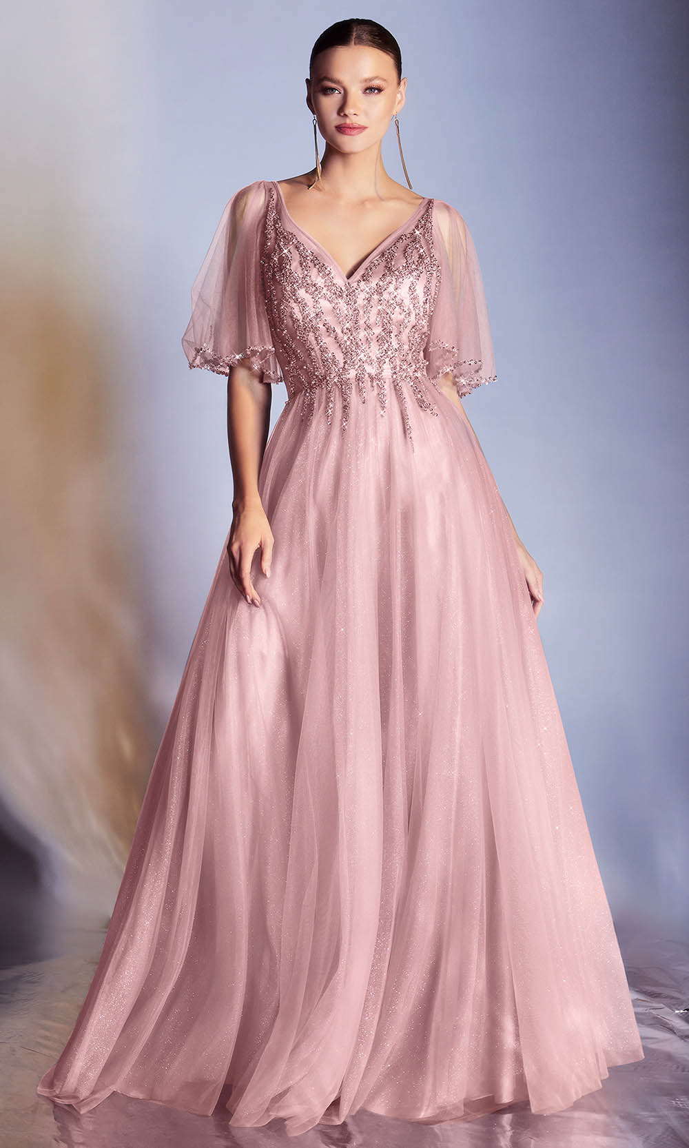 Long Glitter Formal Dress with Bell Sleeves Rose Gold / 3XLarge Long Glitter Formal Dress with Bell Sleeves Rose Gold / 3XLarge