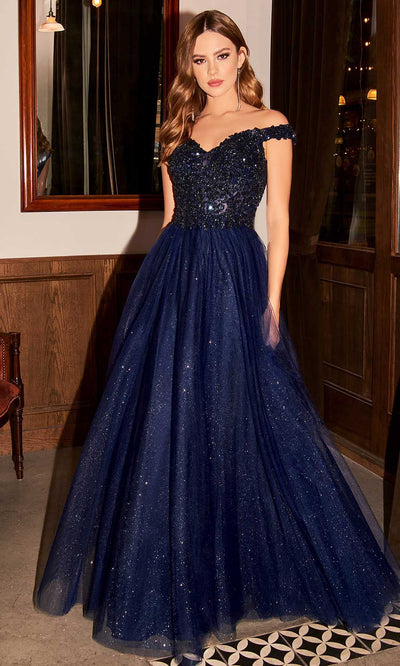 Cinderella Divine - CD0177 Metallic Lace Appliqued Glitter Tulle Gown Prom Dresses XXS / Navy