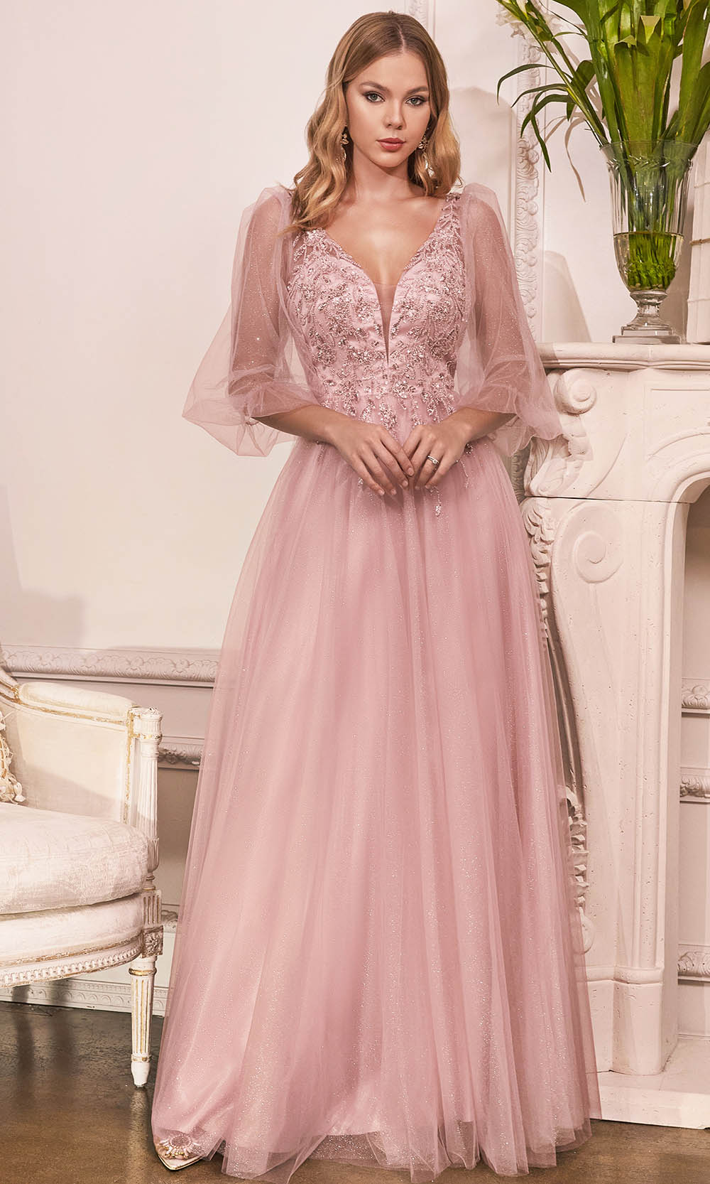 Cinderella Divine CD0182 - Lace Detailed Evening Dress Special Occasion Dress XXS / Mauve