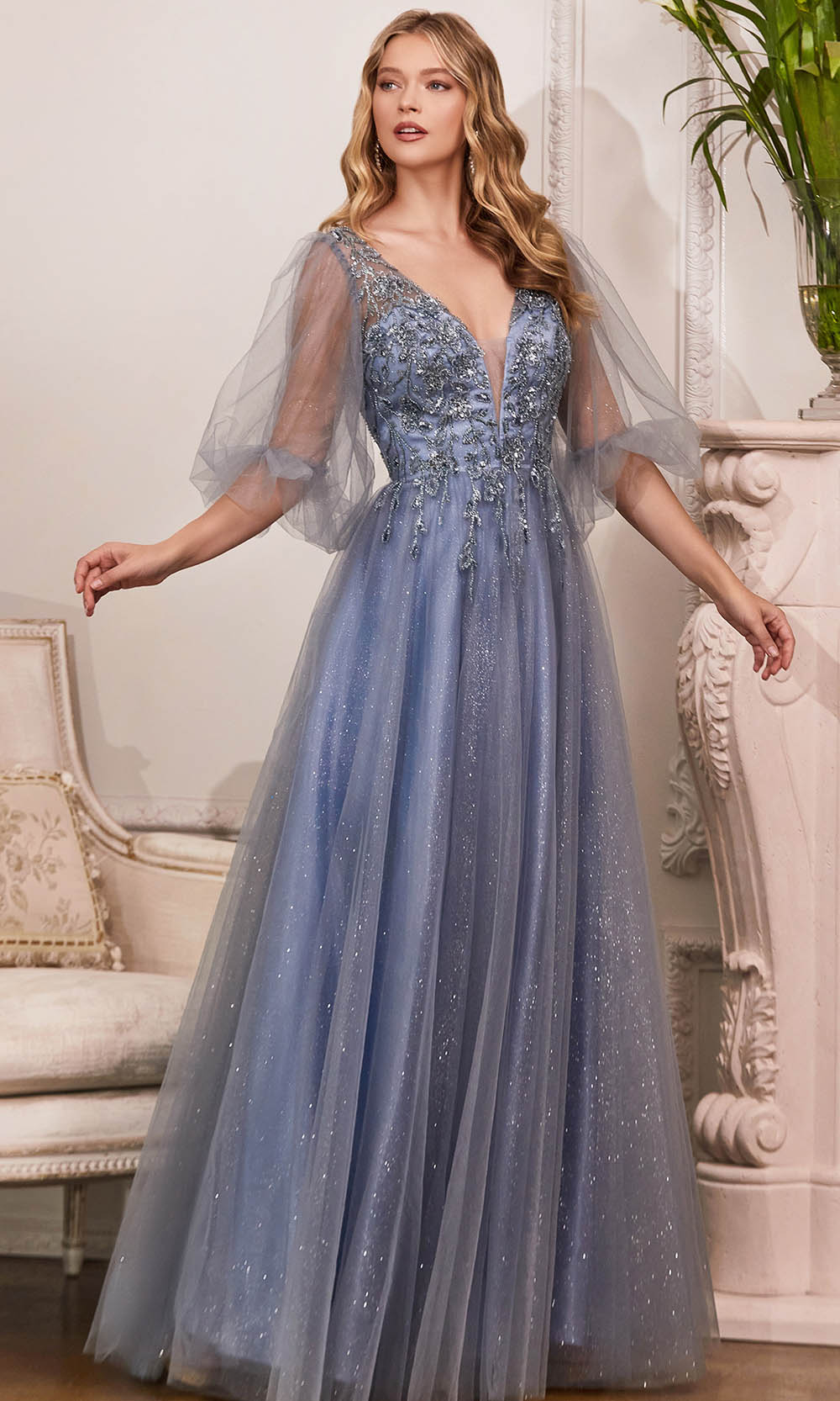 Cinderella Divine CD0182 - Lace Detailed Evening Dress Special Occasion Dress XXS / Smoky Blue