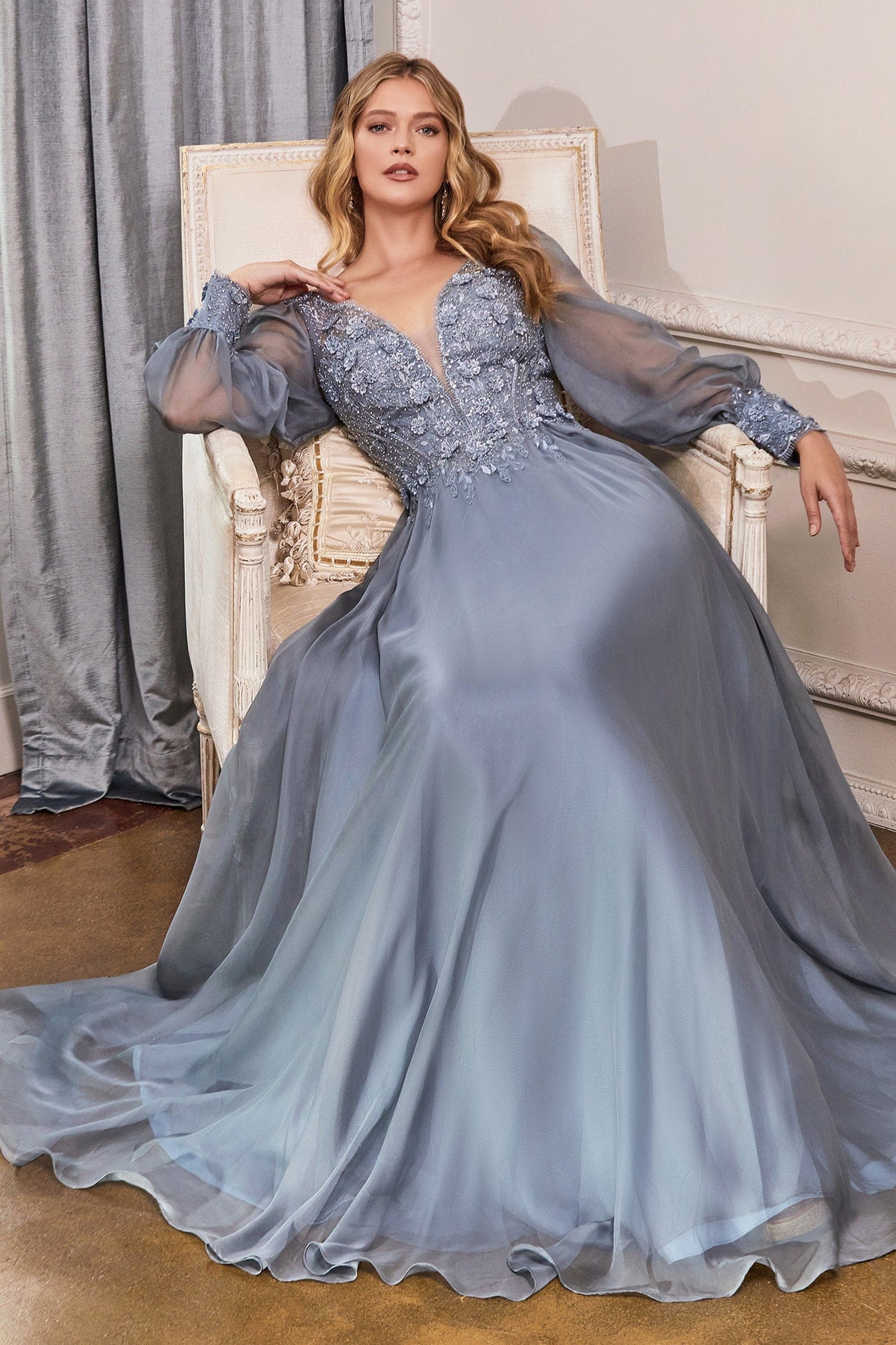 Cinderella Divine CD0183 - Bishop Sleeve Prom Dress Special Occasion Dress XXS / Smoky Blue