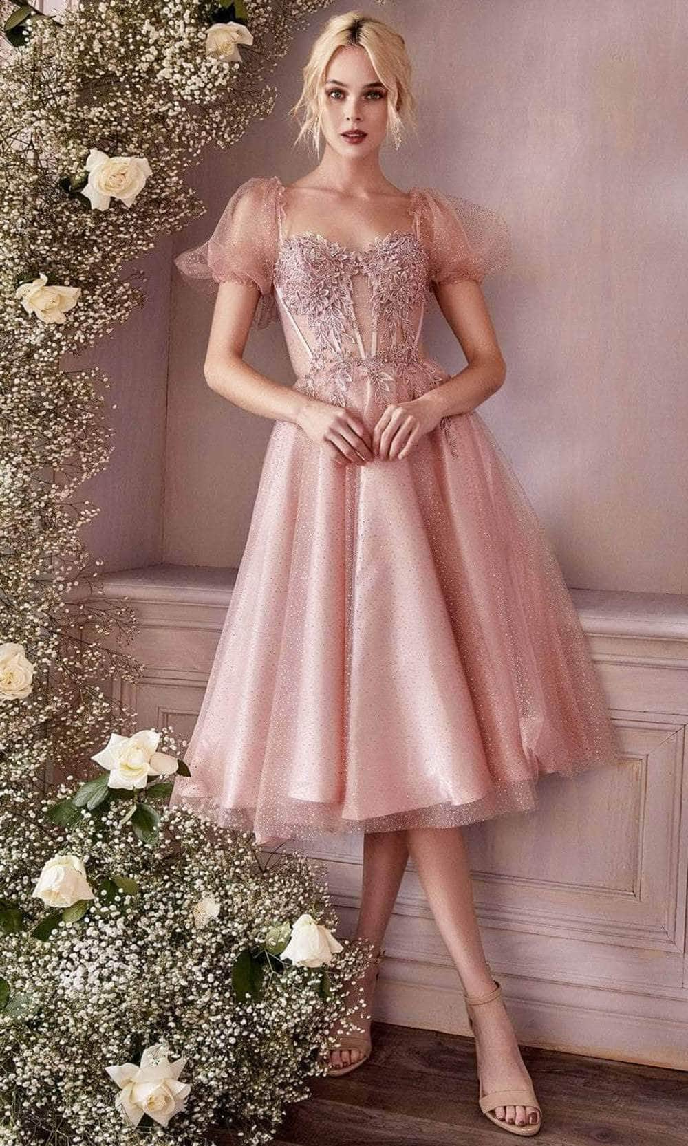 Cinderella Divine CD0187 - Puff- Sleeve Tea-Length Dress Special Occasion Dress XS / Blush