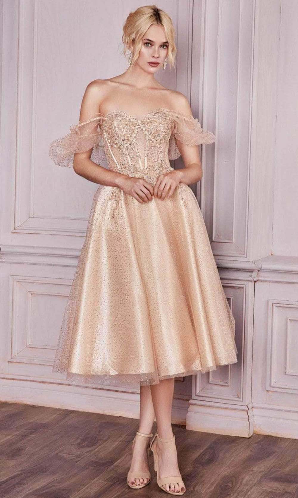 Cinderella Divine CD0187 - Tea-Length with Puff Sleeves Prom Dress ADASA Cinderella Divine CD0187 - Tea-Length with Puff Sleeves Prom Dress ADASA
