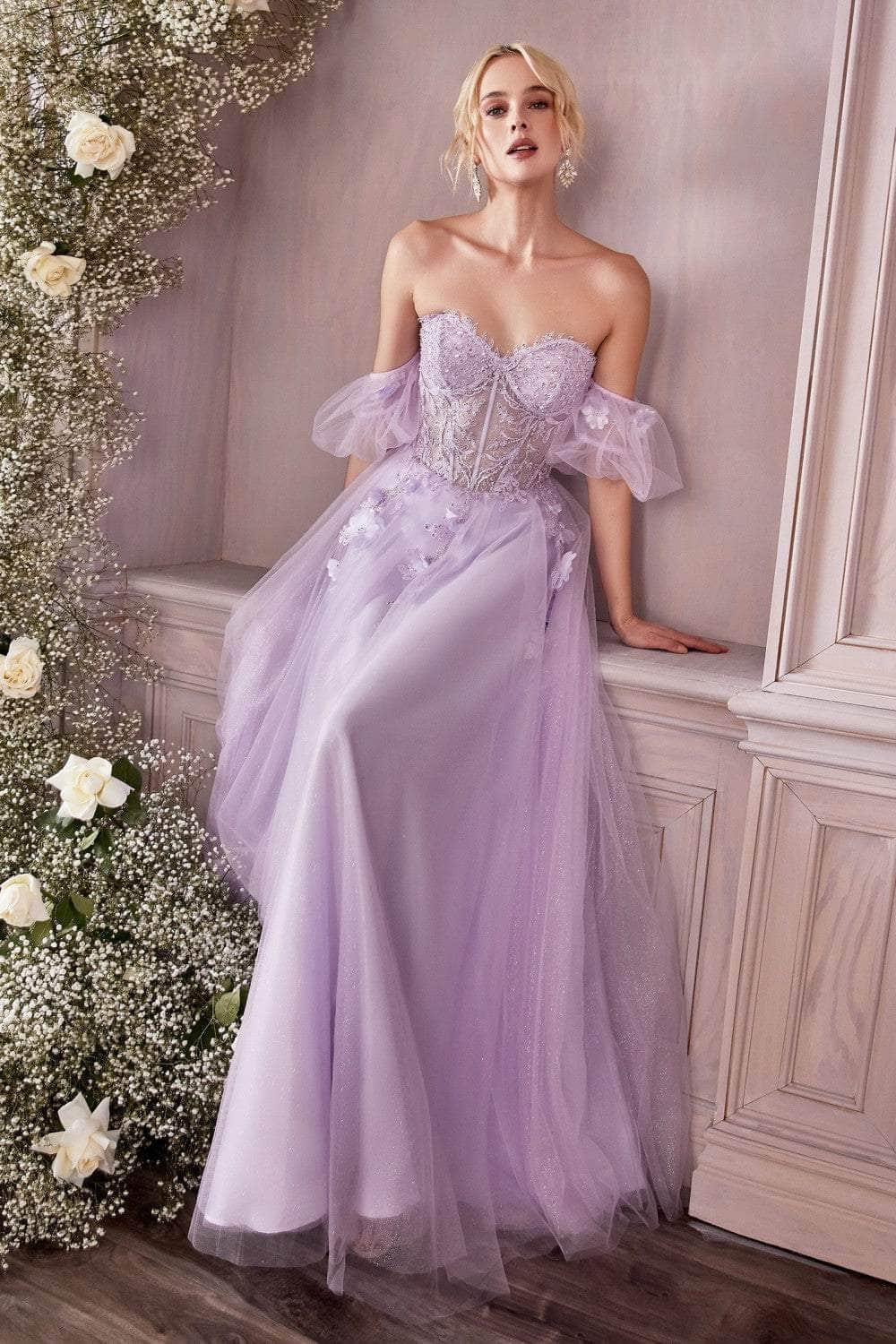 Cinderella Divine CD0191 - Long A-Line Dress - Sheer Corset, Detachable Puff Sleeves, Lace Appliques, Beaded, Mid-Open Back, Zipper Closure, Sweep Train ADASA Cinderella Divine CD0191 - Long A-Line Dress - Sheer Corset, Detachable Puff Sleeves, Lace Appliques, Beaded, Mid-Open Back, Zipper Closure, Sweep Train ADASA