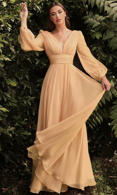 Cinderella Divine CD0192 - Bishop Sleeve Evening Dress | Couture Candy In Champagne & Gold