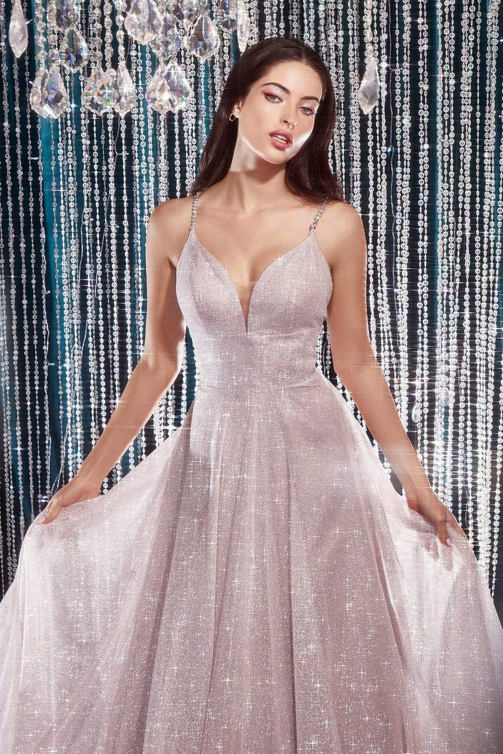 Cinderella Divine - CD205 Plunging V-neck Glitter A-line Dress Prom Dresses 2 / Blush